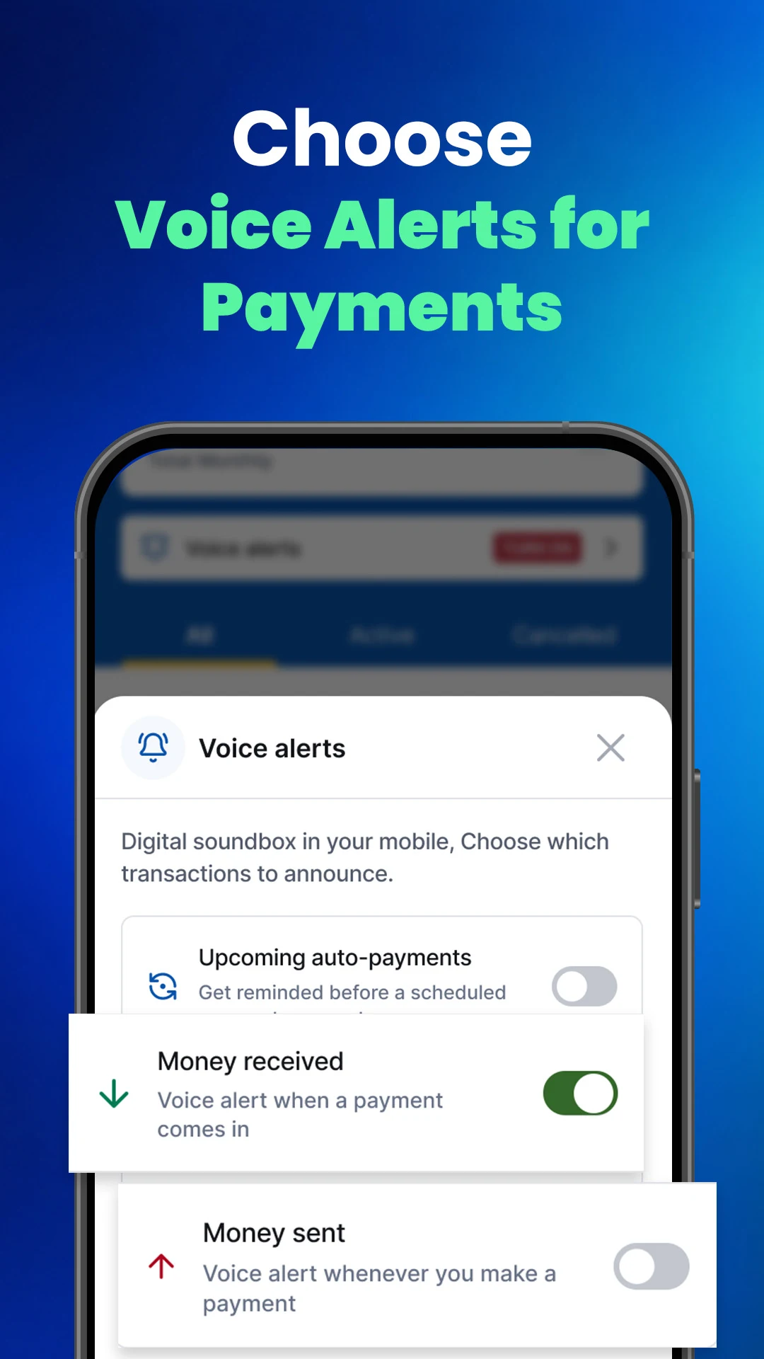 MyAutoPay Alerts app showing voice alert settings for money received and money sent